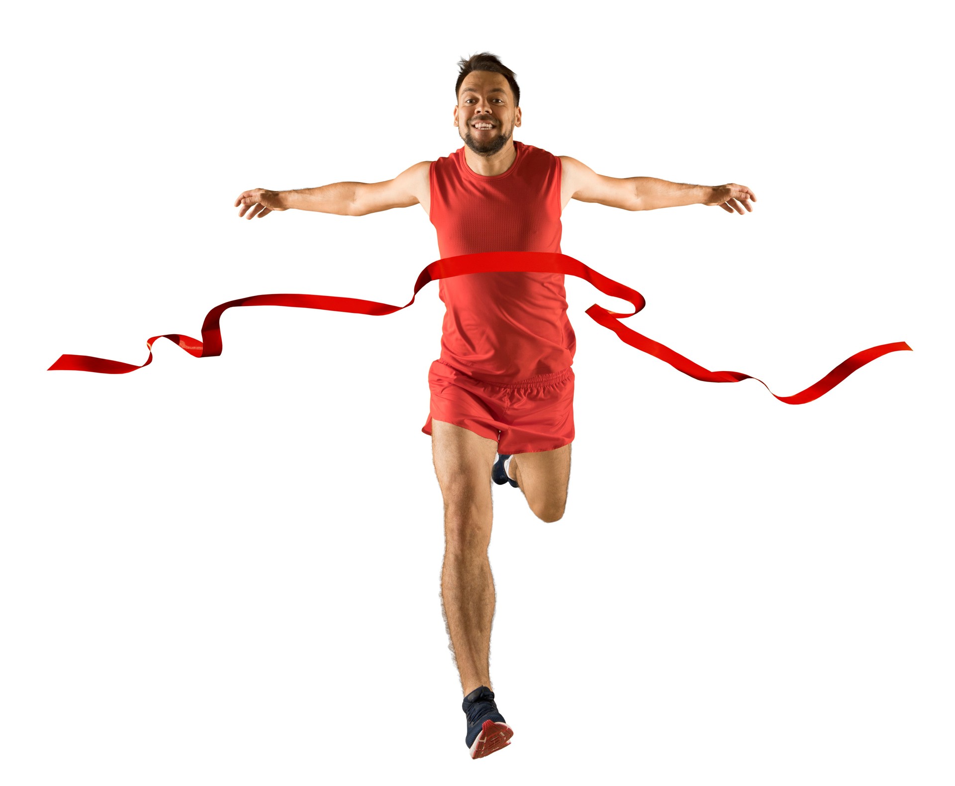 The runner wins by crossing the finish line ribbon on a white background